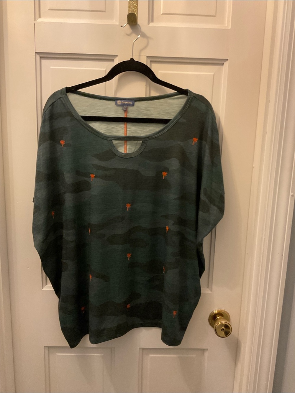 Democracy Green Camo Top with Small Orange Palm Motifs
